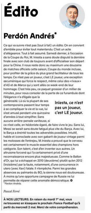 Demande de pardon de "France Football" à André Iniesta